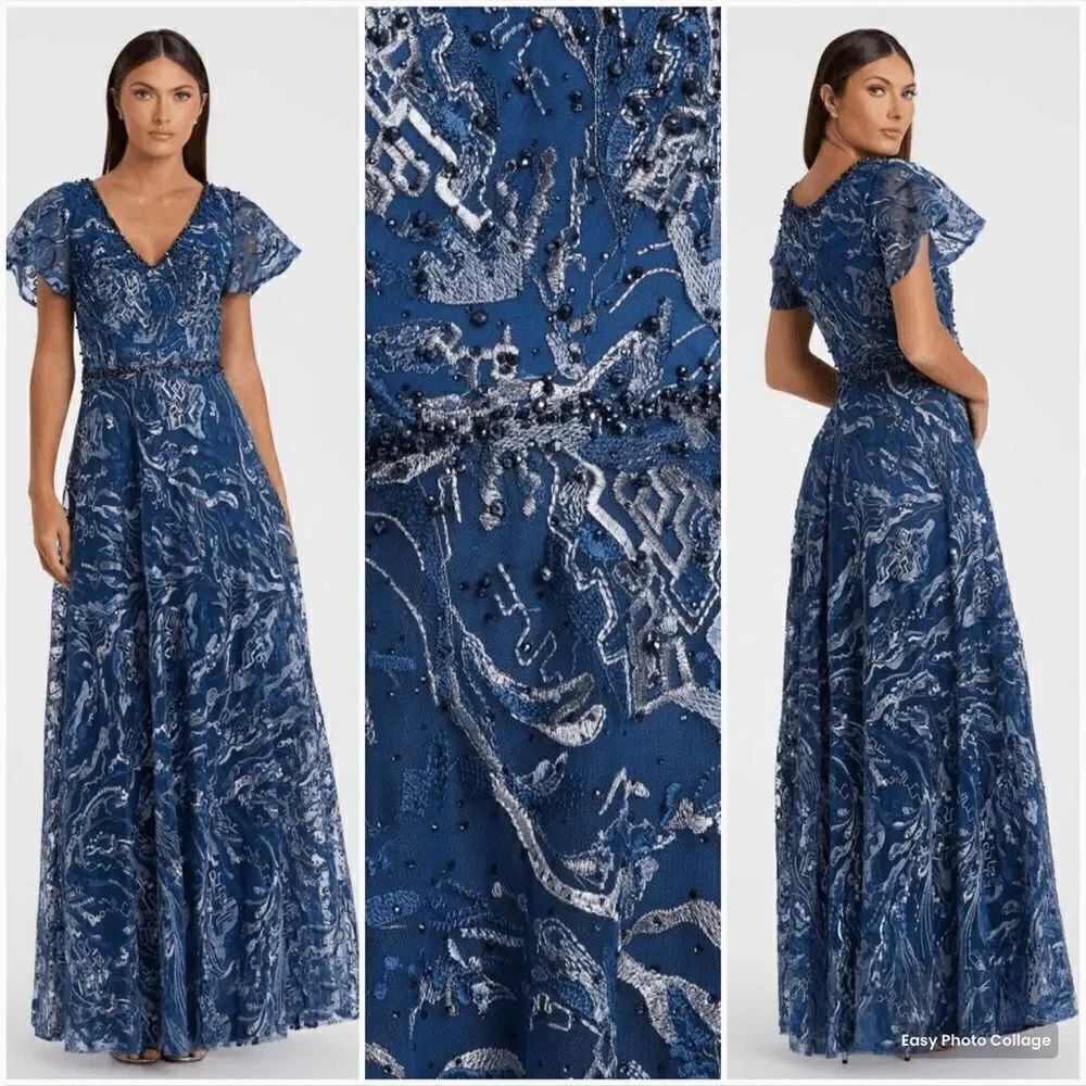 NWT MAC DUGGAL 20301 Navy Embellished Illusion Butterfly Sleeve A-Line Gown 10